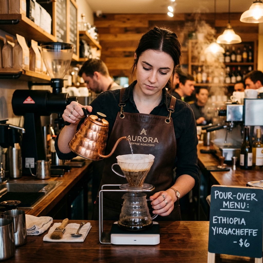 Professional barista hand-crafting a pour-over coffee with care and detail