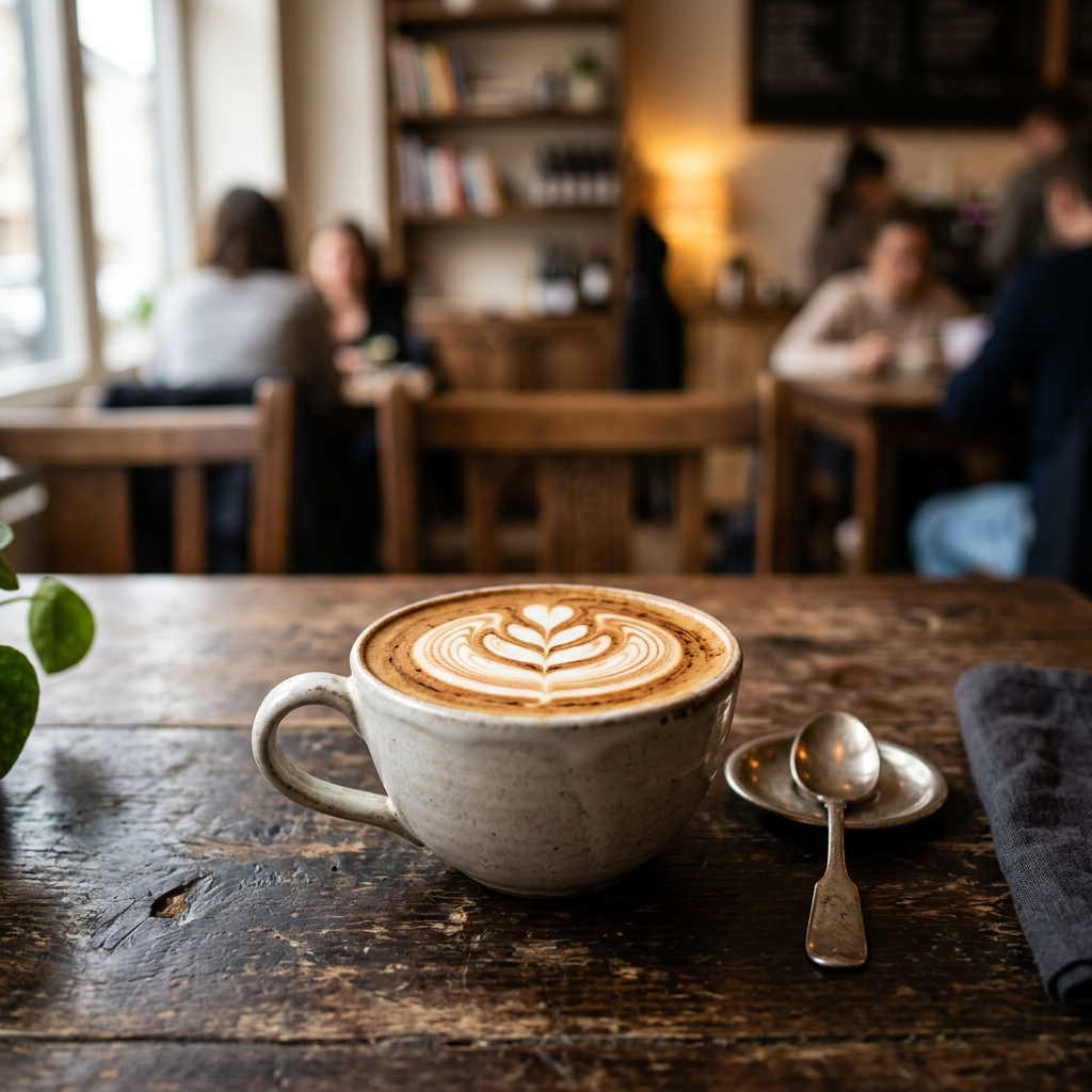 Beautifully poured latte art coffee cup on a rustic table in a warm cozy coffee house